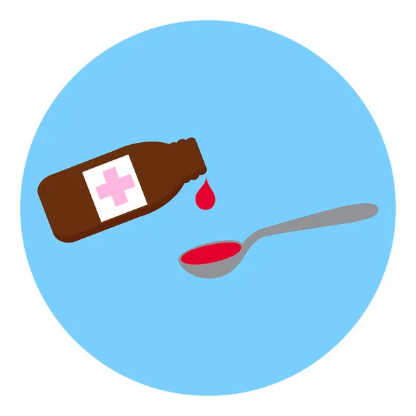 Una bottiglia di medicina liquida versata in un cucchiaio. Semplice icona vettoriale piatta . — Vettoriale Stock