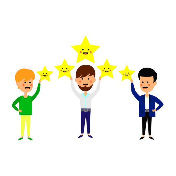 Пять звезд рейтинга. Рабочие держат звезды над головой. Концепция обслуживания уровня удовлетворенности. Векторная иллюстрация на белом фоне
.