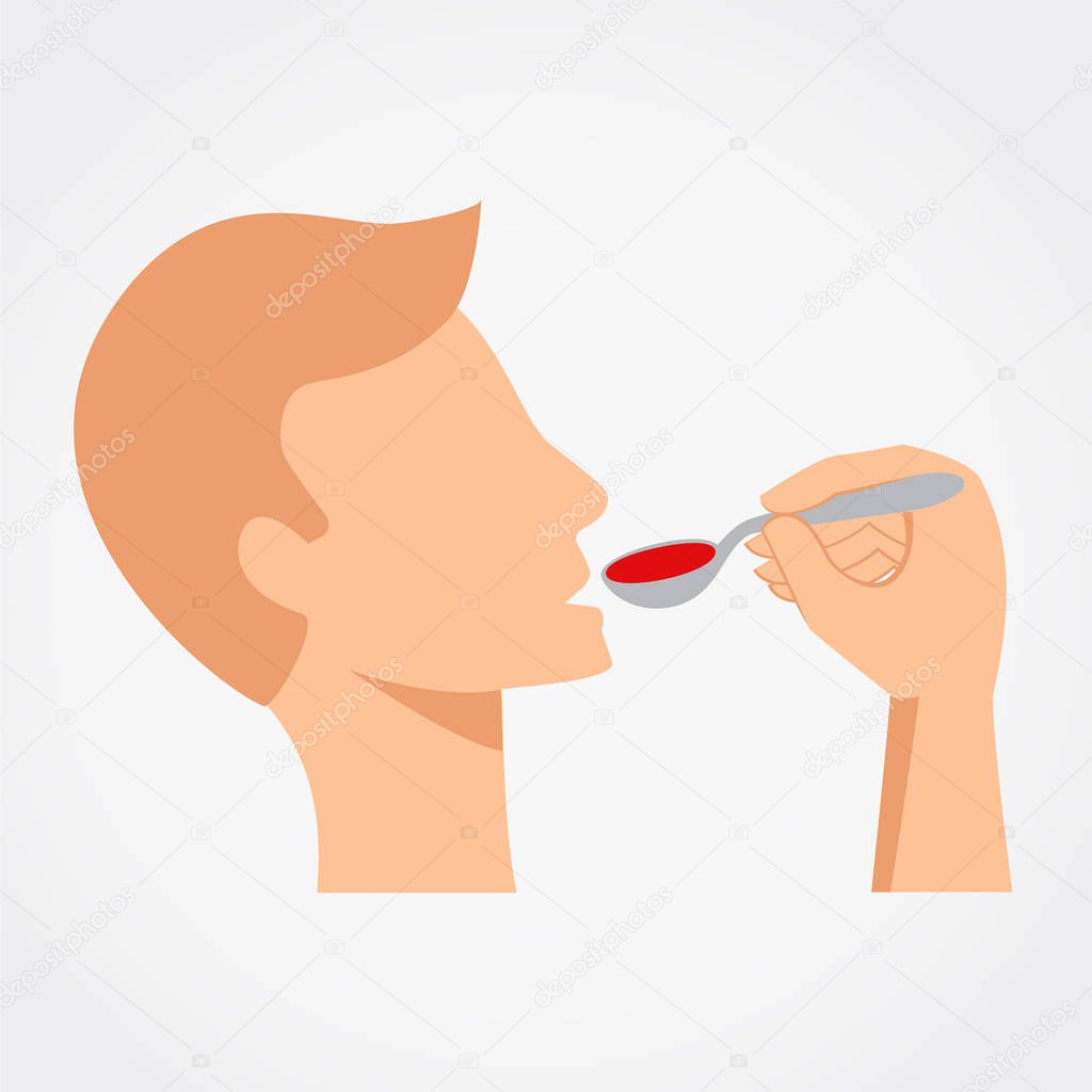 Man taking a liquid medicine poured into a spoon. Simple flat vector icon.