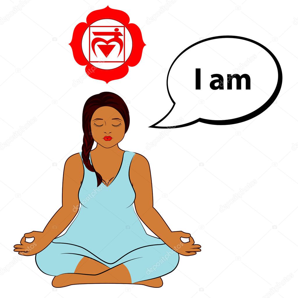 Meditating woman. I am - affirmation for chakra Muladhara. Vector illustration isolated on white background.