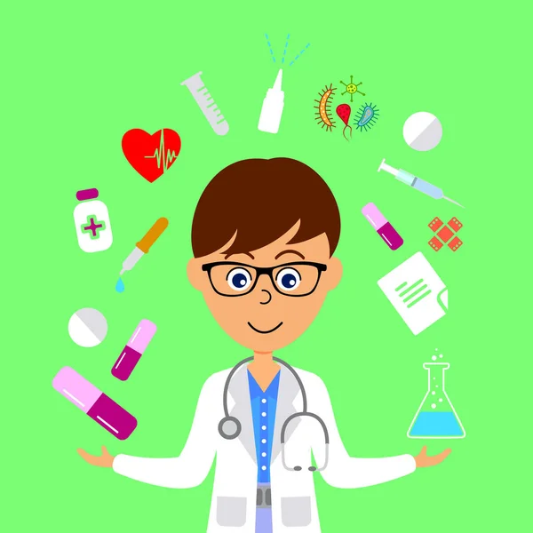 Cartoon doctor with medicines and medical equipment. Healthcare concept. Flat vector illustration. — ストックベクタ