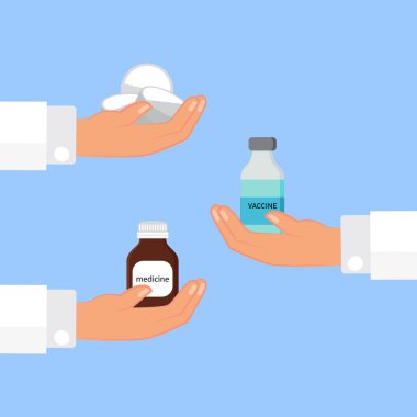 Doktor eli ilaç veriyor. Sağlık hizmeti konsepti. Basit düz tasarım vektör çizimi.