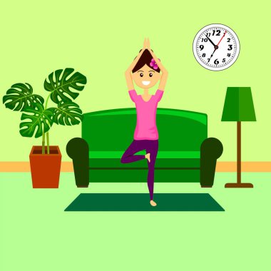 Evde yoga yapan güzel kadın karakterinin vektör çizimi.