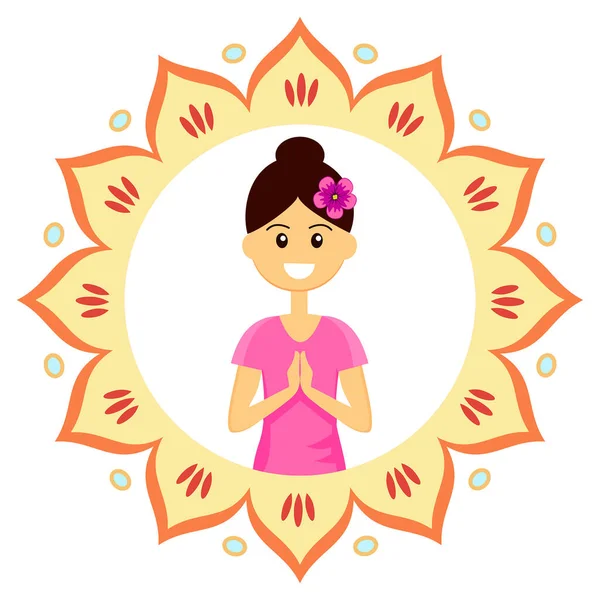 Mosolygó Női Karakter Üdvözlő Kézmozdulattal Namaste Mudra Vektor Illusztráció — Stock Vector