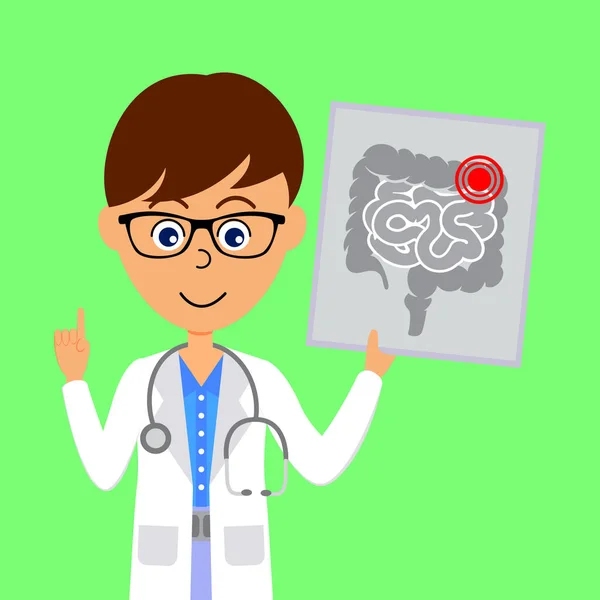 Cartoon Mužský Lékař Charakter Zobrazující Obraz Nezdravého Tlustého Tenkého Střeva — Stockový vektor