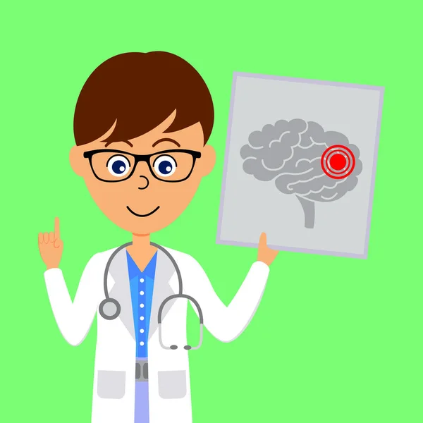 Personaje Médico Masculino Dibujos Animados Que Muestra Imagen Cerebro Poco — Vector de stock