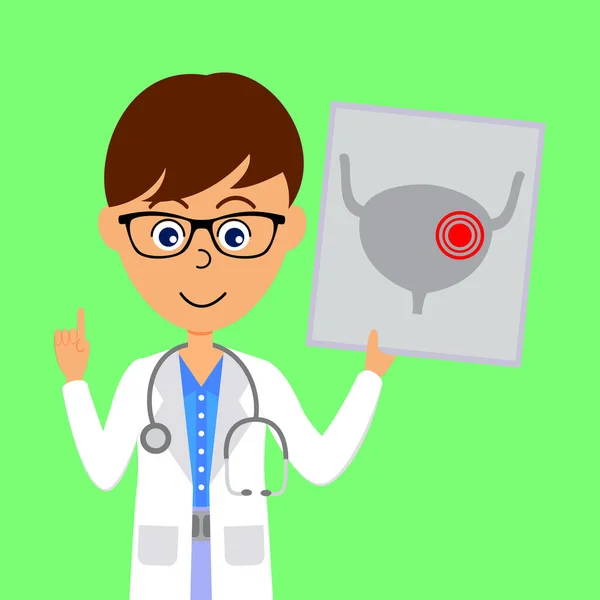 Cartoon Mužský Lékař Charakter Zobrazující Obraz Nezdravého Močového Měchýře Zdravotní — Stockový vektor