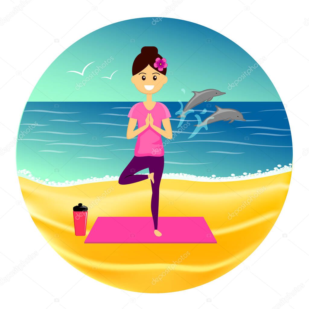 Vector illustration of beautiful woman character doing yoga on the sandy beach.