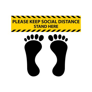 Siyah ayak izi ve ifadeler lütfen sosyal mesafeyi koruyun, sarı-siyah şerit işaretinin üzerinde durun. Koronavirüs covid-19 'u önlemek için sosyal mesafe kavramı. Vektör illüstrasyonu. 