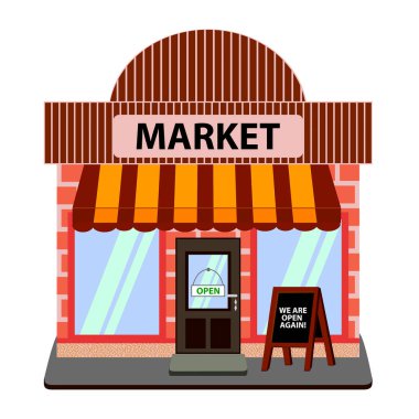 Mağaza, market ya da dükkan tekrar açıldı. Yeniden açılış konsepti. Etiket OPEN asılıyor, Vektör illüstrasyonu.