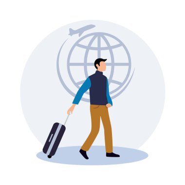 Lawrence ile turistin vektör illüstrasyonu. Bavullu adam uçağa gidiyor.. 