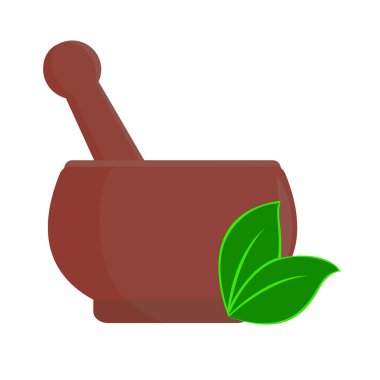 Ayurvedic tıbbi kase beyaz arka planda izole edilmiş. Havan topu ve tokmak işareti. Ayurvedik bitkisel tıp konsepti. Vektör illüstrasyonu.