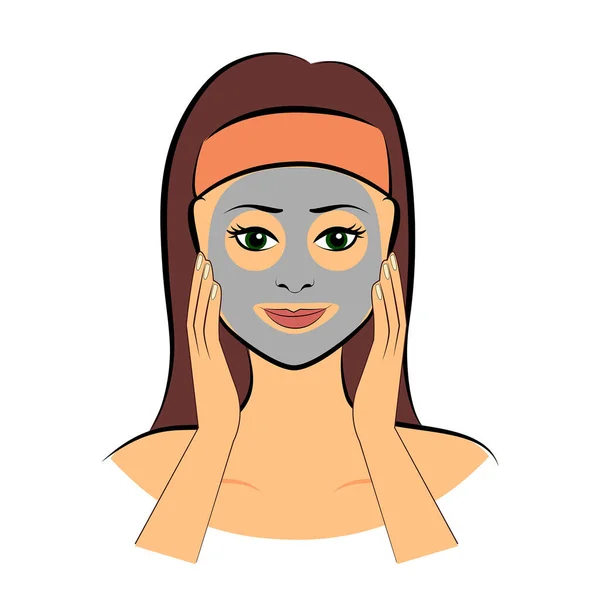 Cartoon Personaggio Ragazza Con Grigio Argilla Guarigione Maschera Cosmetica Sul — Vettoriale Stock