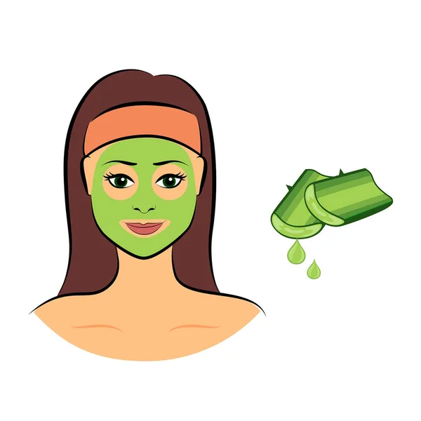 Cartoon Personaggio Ragazza Con Una Maschera Cosmetica Verde Base Aloe — Vettoriale Stock