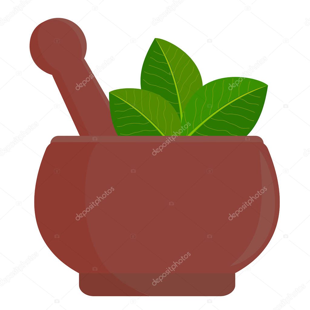 Ayurvedic medical bowl isolated on white background. Mortar and pestle sign. Ayurvedic herbal medicine concept. Vector illustration.