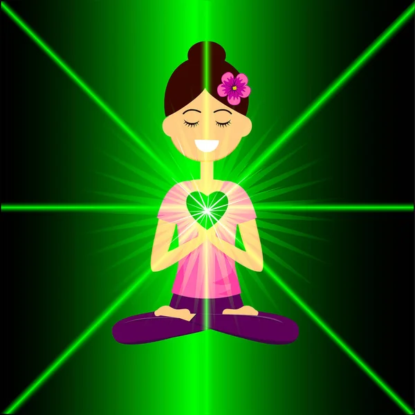 Hartchakra Activeringsconcept Cartoon Lachende Vrouw Zit Lotus Poseren Met Namaste — Stockvector