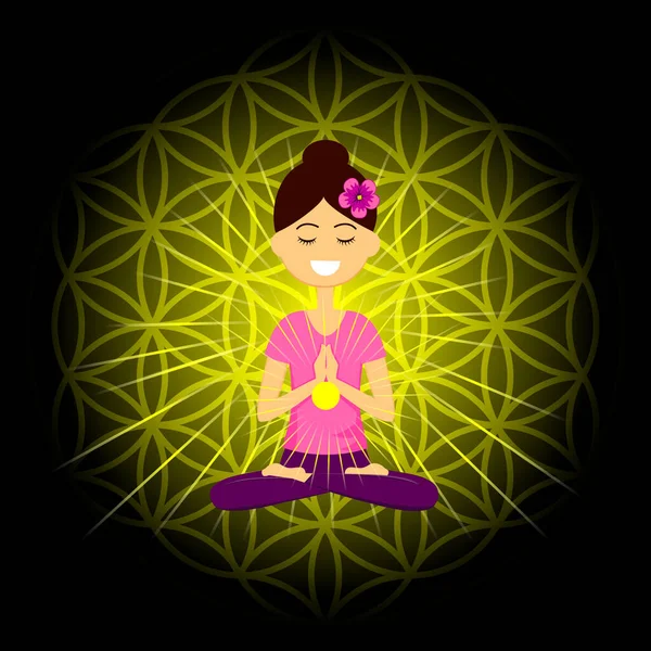 Cartoon Character Smiling Woman Sitting Lotus Position Namaste Hands Manipura Stock Illustration