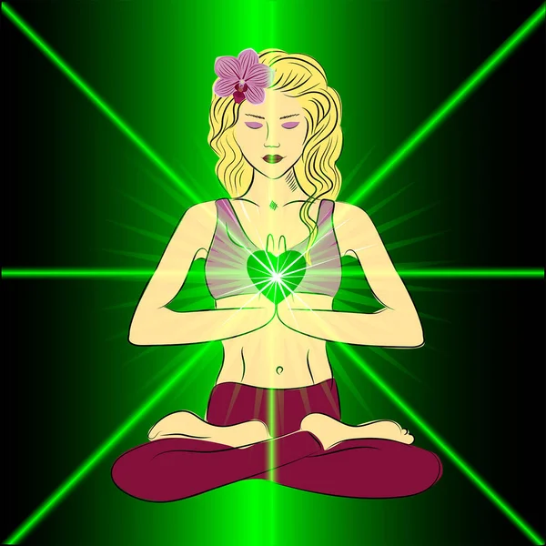 Heart Chakra Activation Concept Woman Sitting Lotus Pose Namaste Hands Royalty Free Stock Vectors