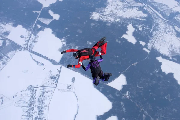 Skydiving Dois Paraquedistas Estão Treinando Voando Céu — Fotografia de Stock