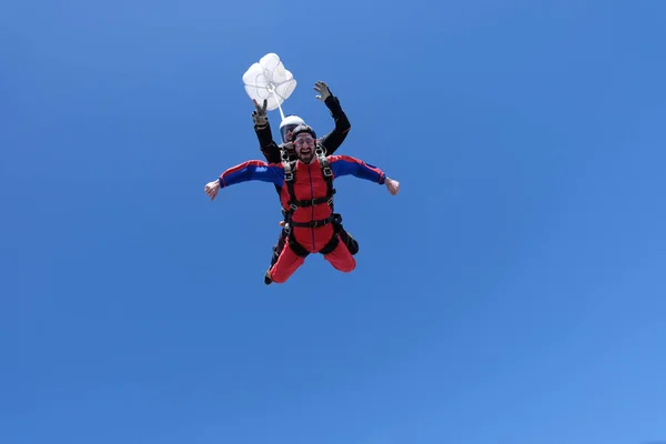 Parachutisme Tandem Deux Hommes Heureux Tombent Dans Ciel — Photo