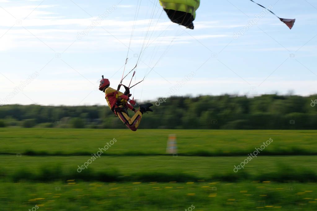 Swoop skydiving. A skydiver is piloting a high performance parachute.