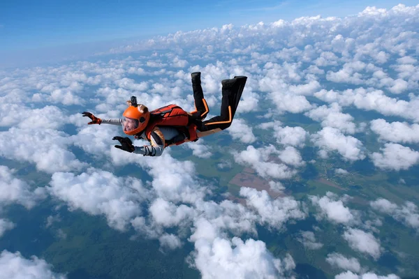 Skydiving. Tilki gibi giyinmiş kız gökyüzünde uçuyor.
