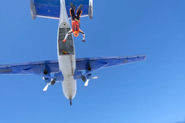 Skydiving Menina Vestida Como Uma Raposa Voa Céu — Fotografia de Stock