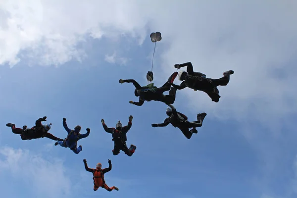 Formasyon Paraşütle Atlama Bir Grup Paraşütçü Gökyüzünde Eğitim — Stok fotoğraf