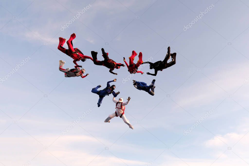 Skydiving. Formation jump. A group of skydivers is in the sky.