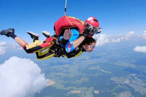 Paracadutismo Salto Tandem Una Ragazza Suo Istruttore Volano Nel Cielo — Foto Stock