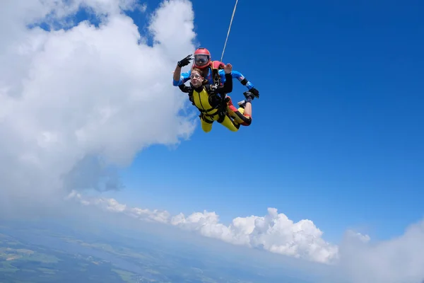Parachutisme Saut Tandem Une Fille Son Instructeur Volent Dans Ciel — Photo