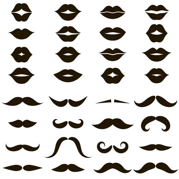 Conjunto de bigote negro e iconos de labios de mujer — Archivo Imágenes Vectoriales