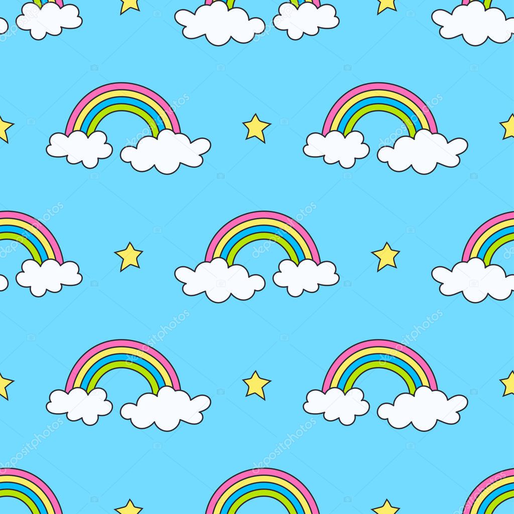 sky pattern with rainbows, stars and clouds