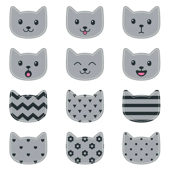 Iconos de caras de gato aislados en blanco para scrapbooking — Archivo Imágenes Vectoriales