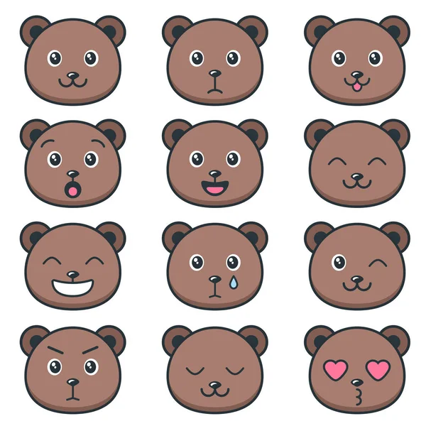 Cara de urso de pelúcia bonito com emoções diferentes — Vetor de Stock