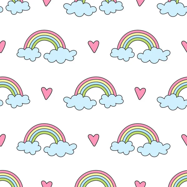Seamless pattern with rainbows, clouds and hearts — Stock Vector