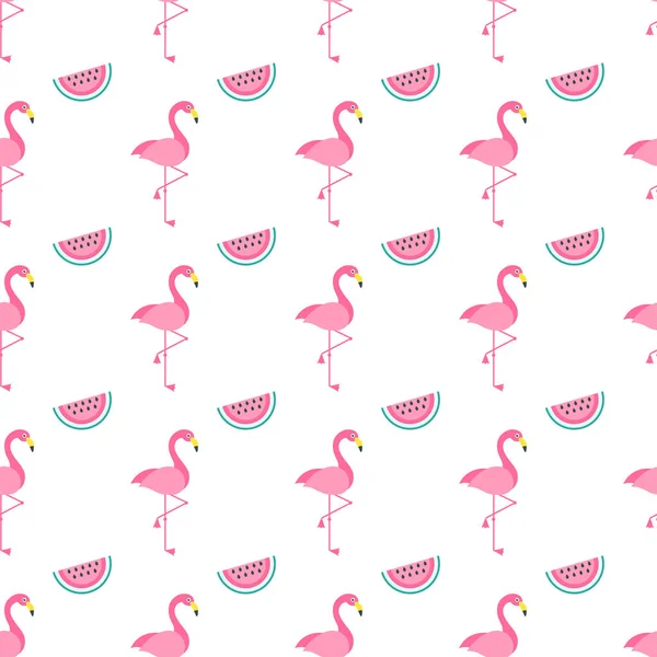 Nahtloses Muster mit rosa Flamingo-Vögeln und Wassermelonen — Stockvektor