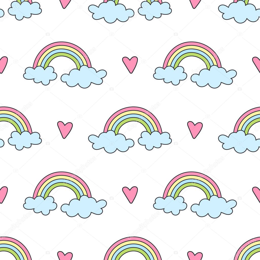 Seamless pattern with rainbows, clouds and hearts