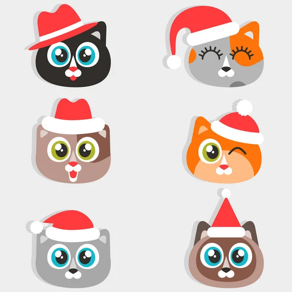 Ícones de gatos engraçados desenhos animados com chapéus de Natal — Vetor de Stock