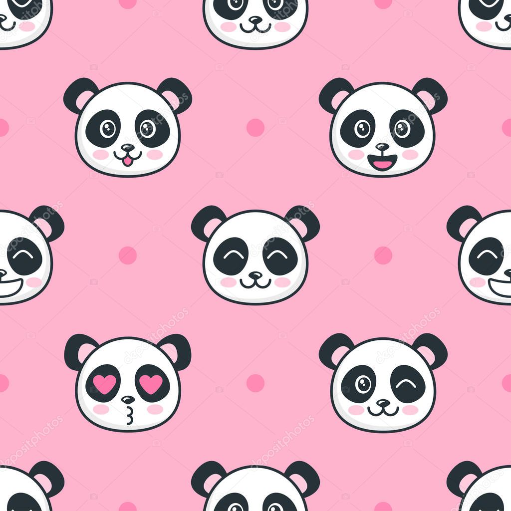 Seamless pattern with cartoon funny panda faces