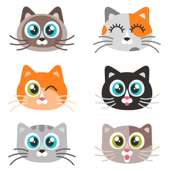 Iconos de caras de gato lindo aislado en blanco — Vector de stock