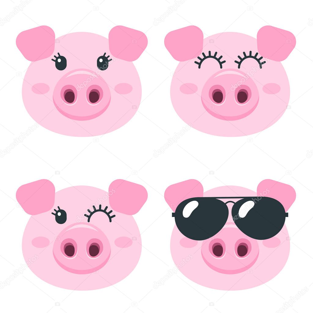 Set of cute pig faces isolated on white