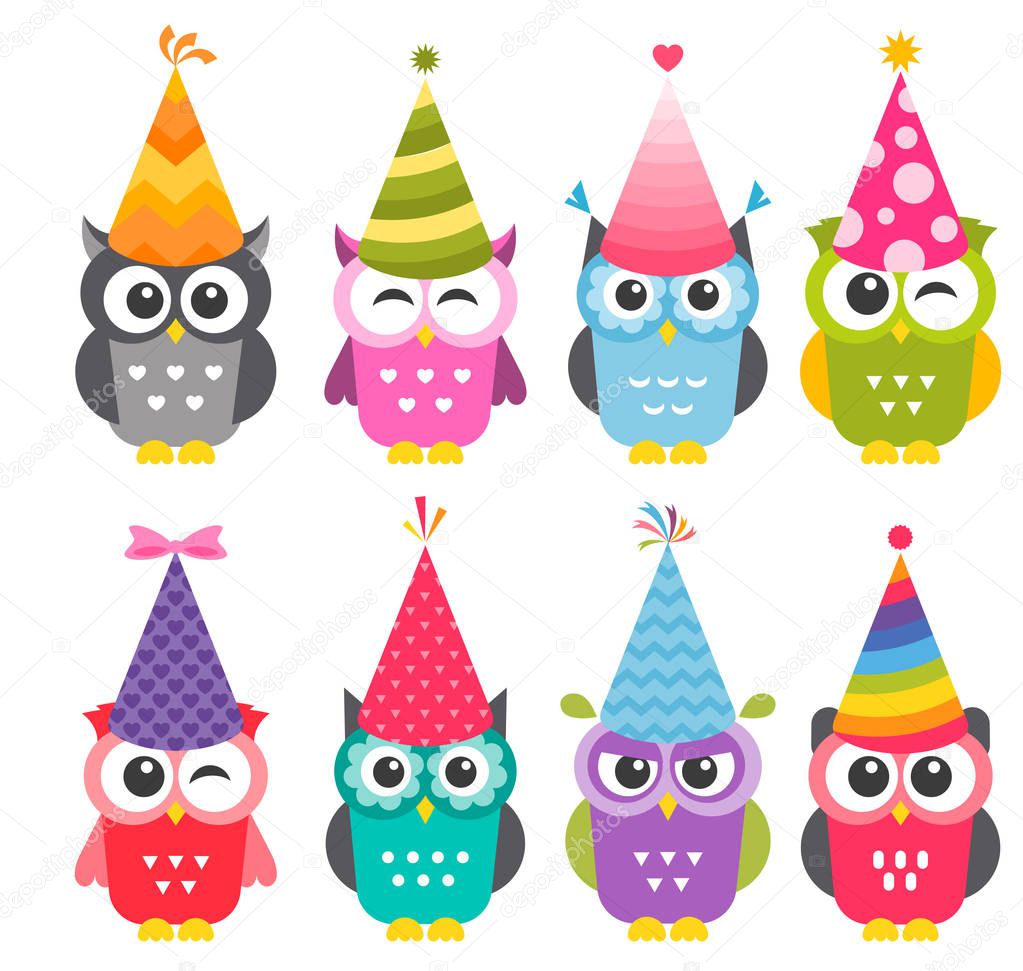 Cartoon funny Owls with Birthday party hats