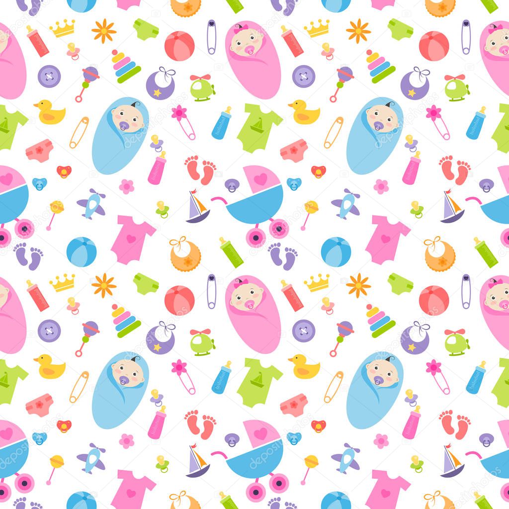 Seamless pattern with baby girl and boy elements