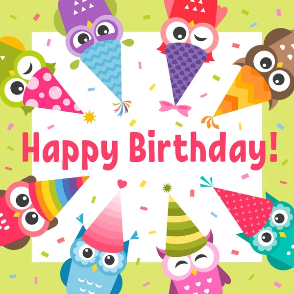 Birthday Card with cute cartoon colorful Owls — Stock Vector