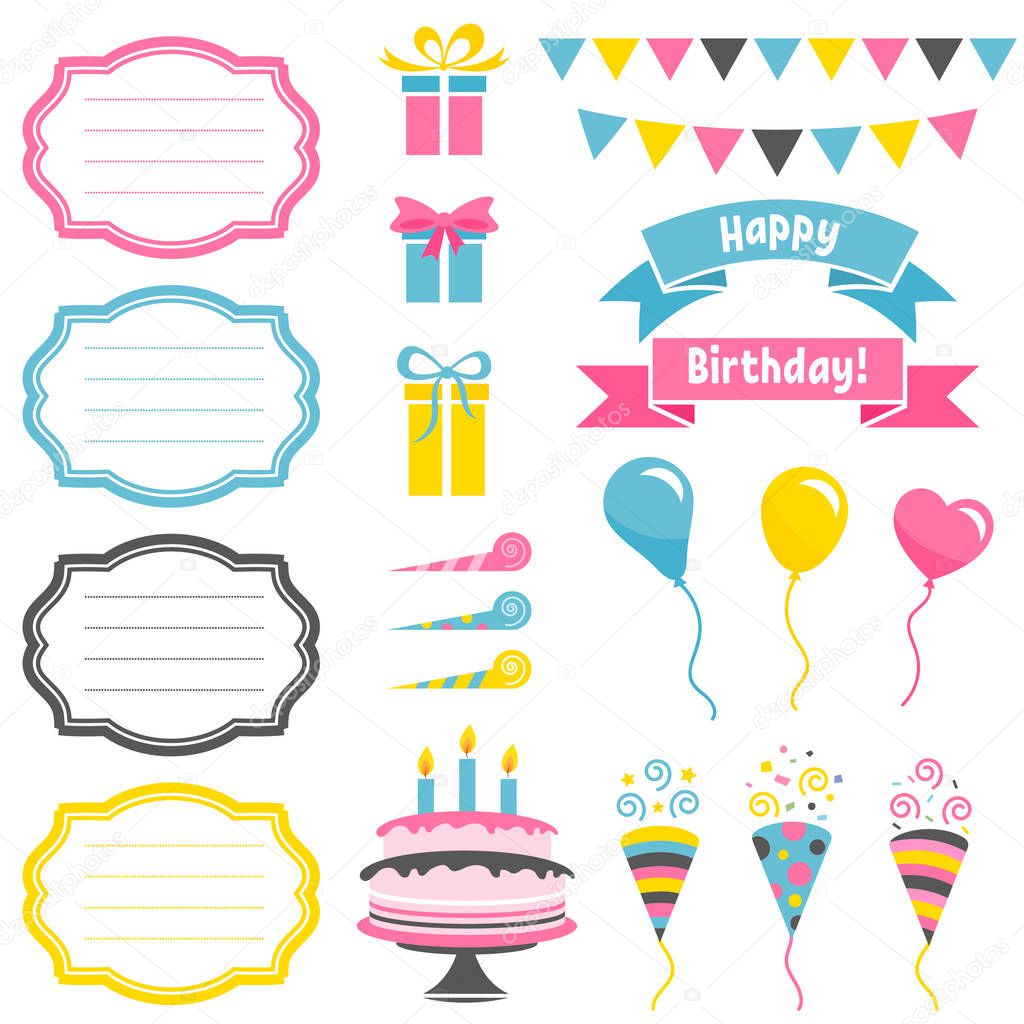 Set of colorful Birthday party elements isolated on white