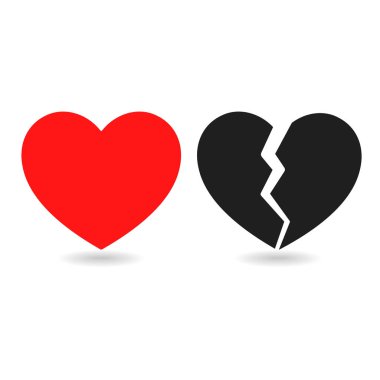 Kırmızı simge ve kalbi kırık beyaz arka planda siyah simgesi