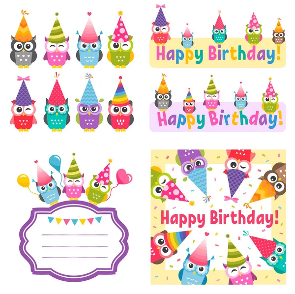 Conjunto de búhos y elementos de fiesta de cumpleaños — Vector de stock