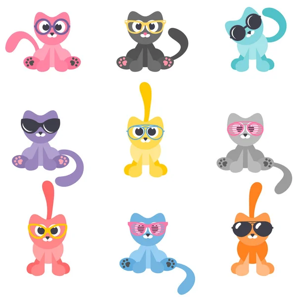 Colección de coloridos gatos de dibujos animados con gafas — Vector de stock