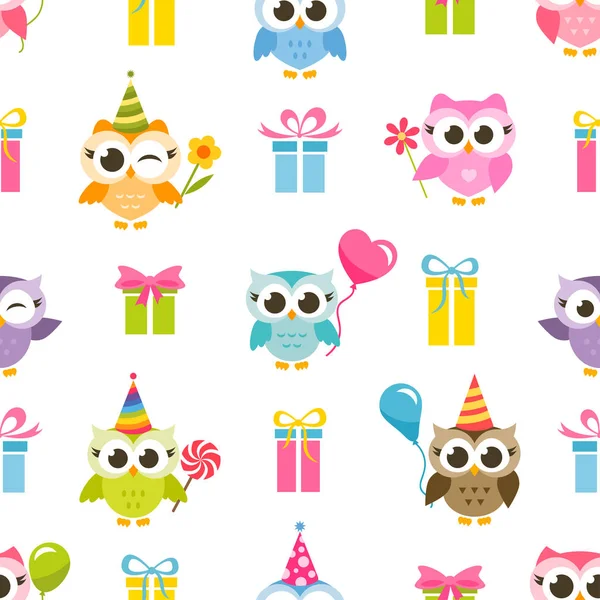 Seamless pattern with colorful owls and gifts — Stock Vector